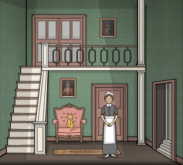 The green-walled entrance hall in Servant of the Lake, with a staircase, a pink chair and a servant.