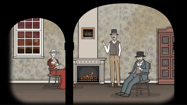 Three figures beside a lit fireplace in the Vanderboom drawing room in Servant of the Lake.